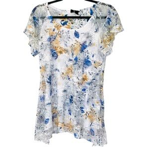 Brittany Black Blouse Womens Small Blue White Mustard Floral Asymmetrical Fairy